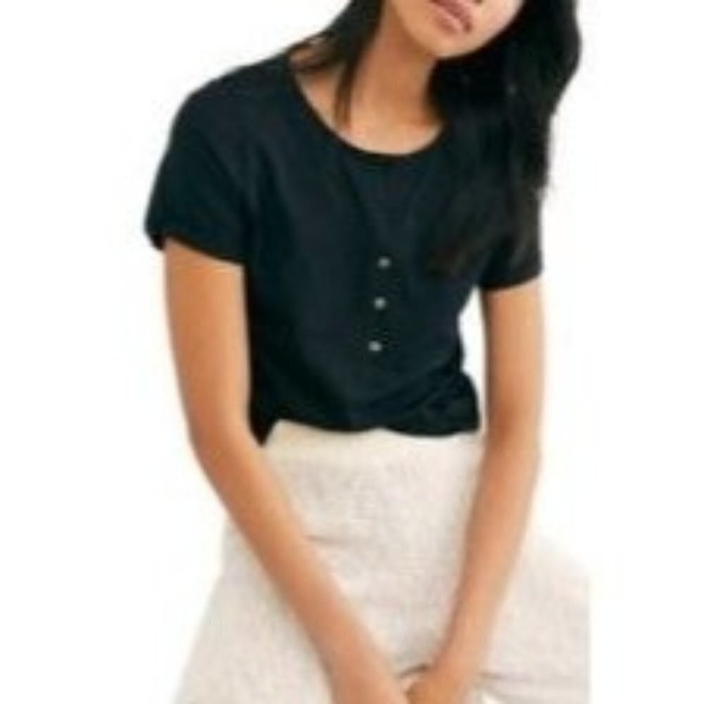 Free People Henley Crop Top Short Sleeve Button Up Slub-Knit T-Shirt XS Womens